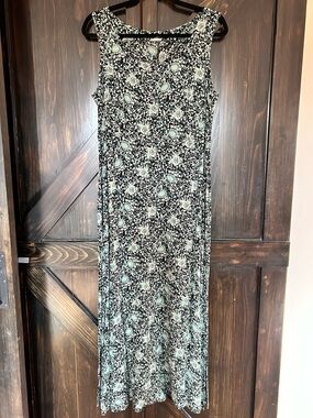 Vintage Sleeveless Black, Mint, Teal & White Floral Maxi Dress
